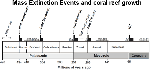 Figure 1: Timeline of mass extinction events. The five named vertical bars indicate mass extinction events. Black rectangles (drawn to scale) represent global reef gaps and brick-pattern shapes show times of prolific reef growth (Veron 2008).
